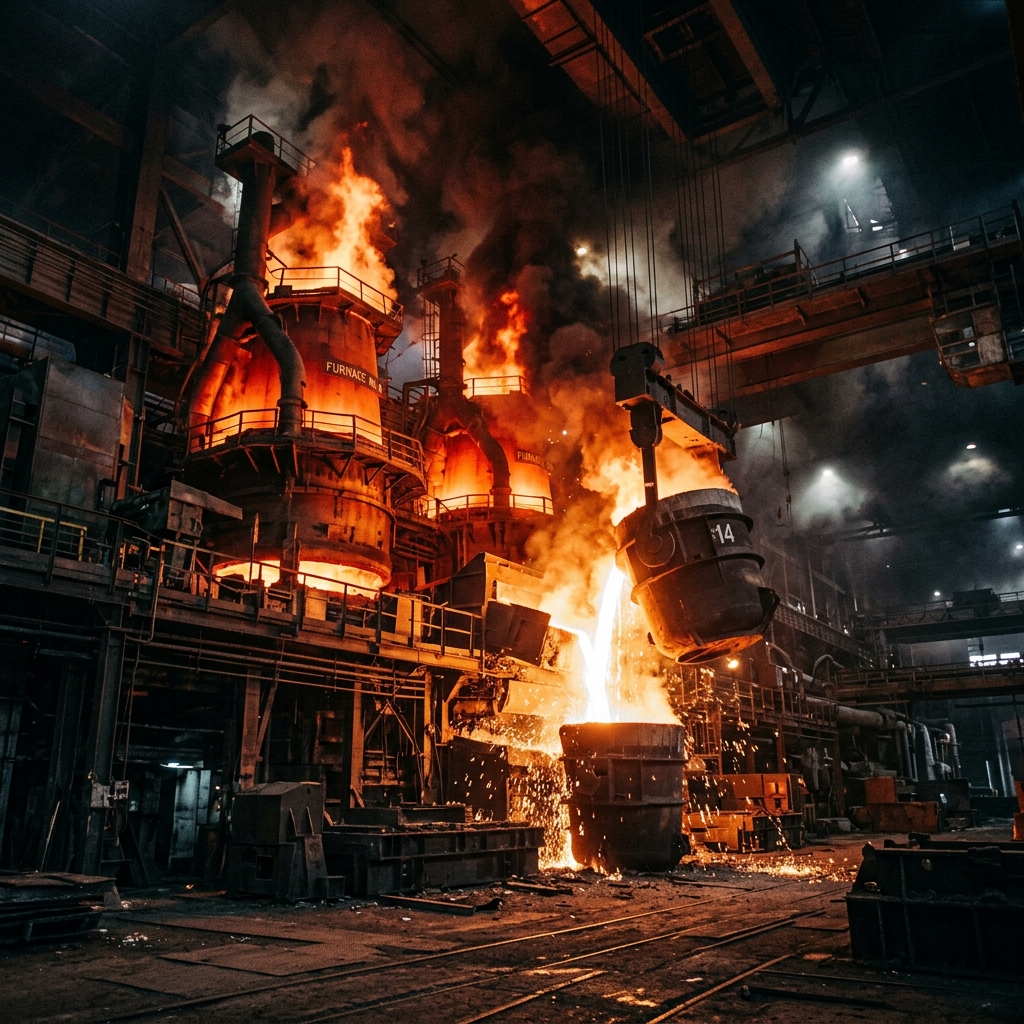 Massive blast furnace in a heavy industry steel plant glowing with molten metal, dramatic industrial lighting, no people